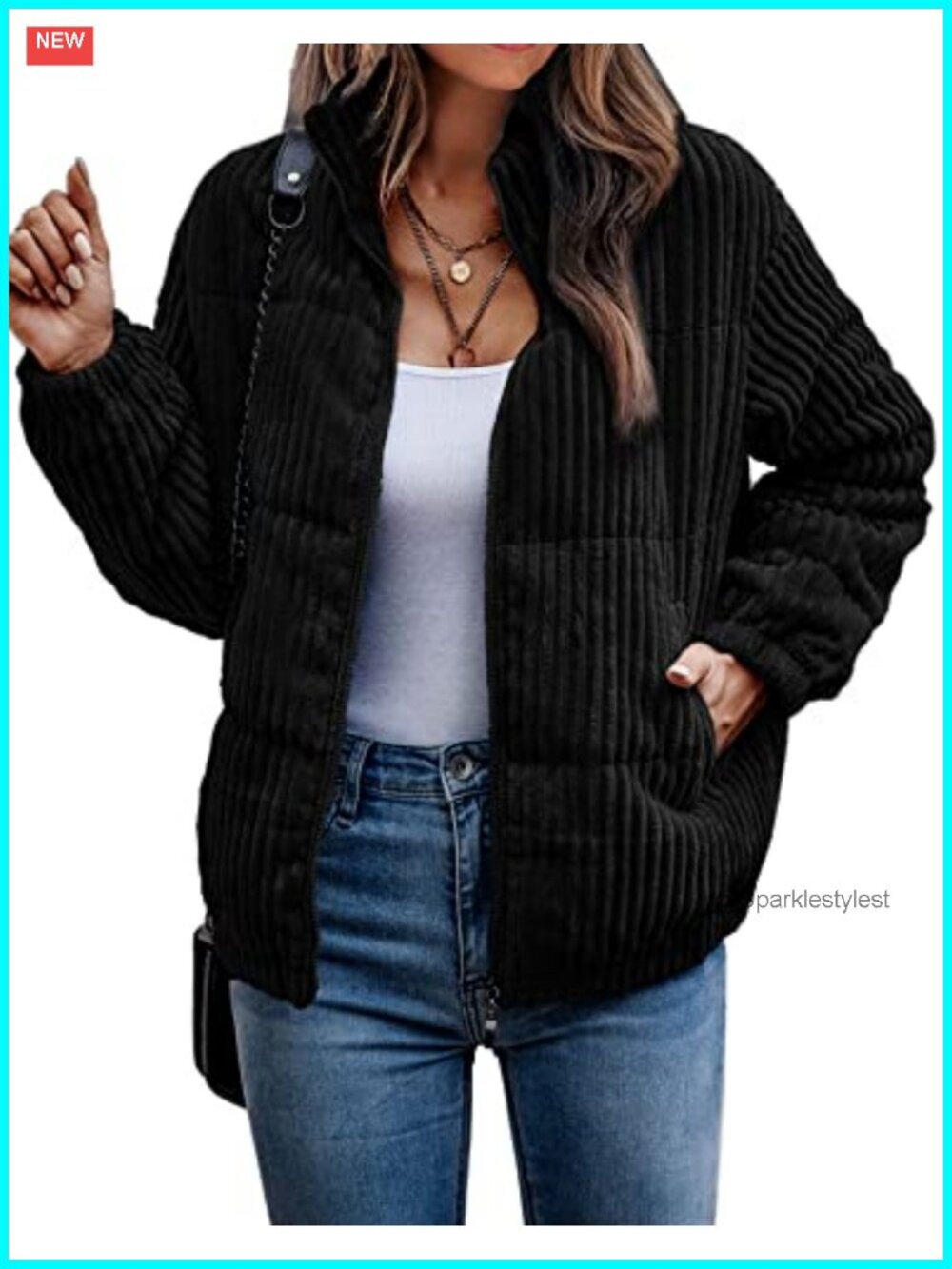 Women's Quilted Bomber Jacket Corduroy Ribbed Zip Up Winter Coat with Pockets